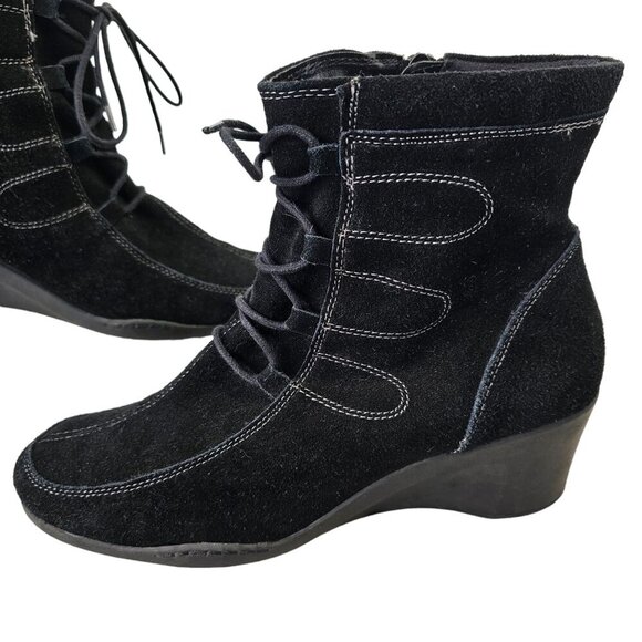 Aerosoles Black Suede Leather Bootie Womens Sz 11 Zip + LaceUp Rubber Wedge Sole - Picture 1 of 9